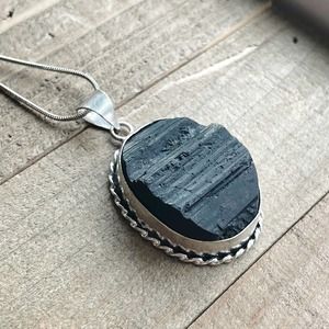 Black Tourmaline Pendant Necklace in 925 Silver on 18" Silver Snake Chain #002